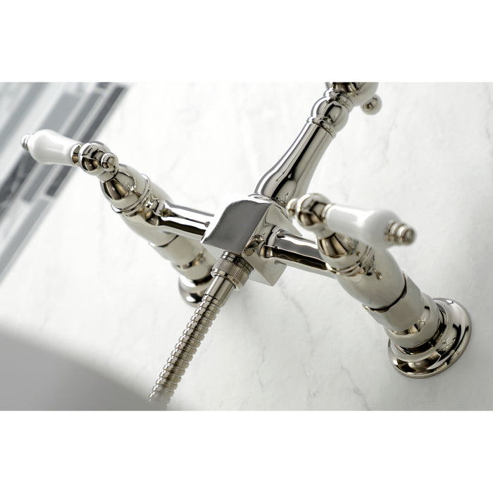 Heritage KS1266PLBS Two-Handle 2-Hole Wall Mount Bridge Kitchen Faucet with Brass Sprayer, Polished Nickel