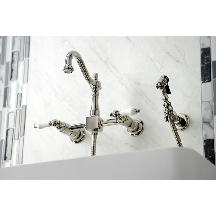 Heritage KS1266PLBS Two-Handle 2-Hole Wall Mount Bridge Kitchen Faucet with Brass Sprayer, Polished Nickel