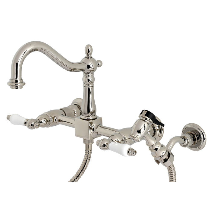 Heritage KS1266PLBS Two-Handle 2-Hole Wall Mount Bridge Kitchen Faucet with Brass Sprayer, Polished Nickel