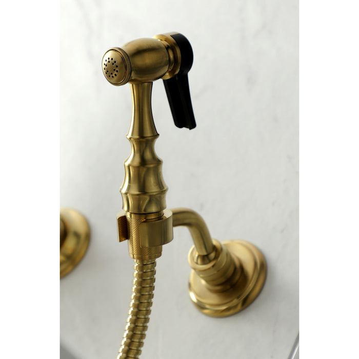 Heritage KS1267PXBS Two-Handle 2-Hole Wall Mount Bridge Kitchen Faucet with Brass Sprayer, Brushed Brass