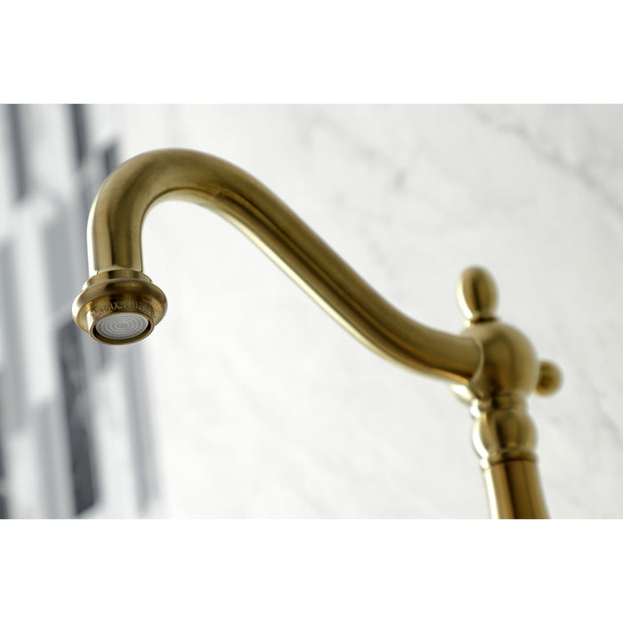 Heritage KS1267PXBS Two-Handle 2-Hole Wall Mount Bridge Kitchen Faucet with Brass Sprayer, Brushed Brass