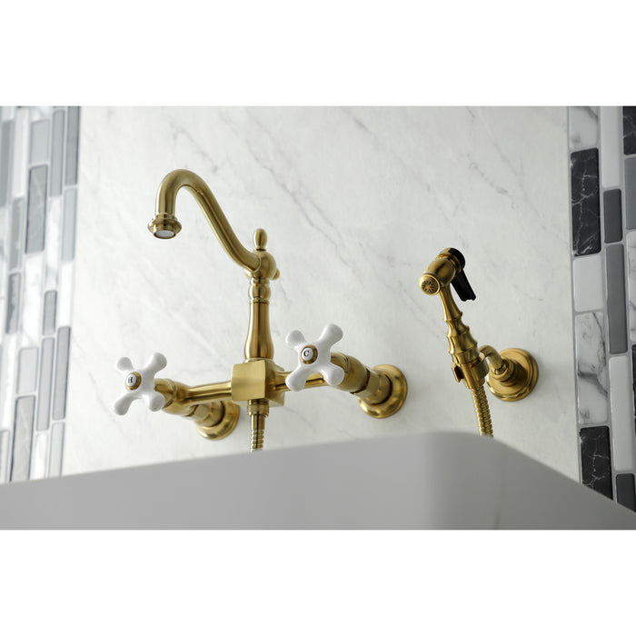 Heritage KS1267PXBS Two-Handle 2-Hole Wall Mount Bridge Kitchen Faucet with Brass Sprayer, Brushed Brass