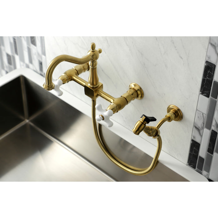 Heritage KS1267PXBS Two-Handle 2-Hole Wall Mount Bridge Kitchen Faucet with Brass Sprayer, Brushed Brass