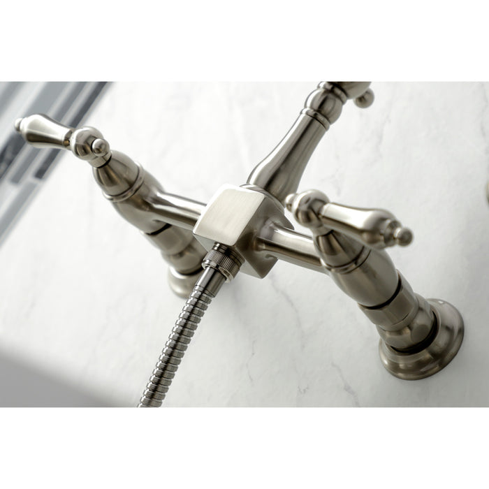 Heritage KS1268ALBS Two-Handle 2-Hole Wall Mount Bridge Kitchen Faucet with Brass Sprayer, Brushed Nickel