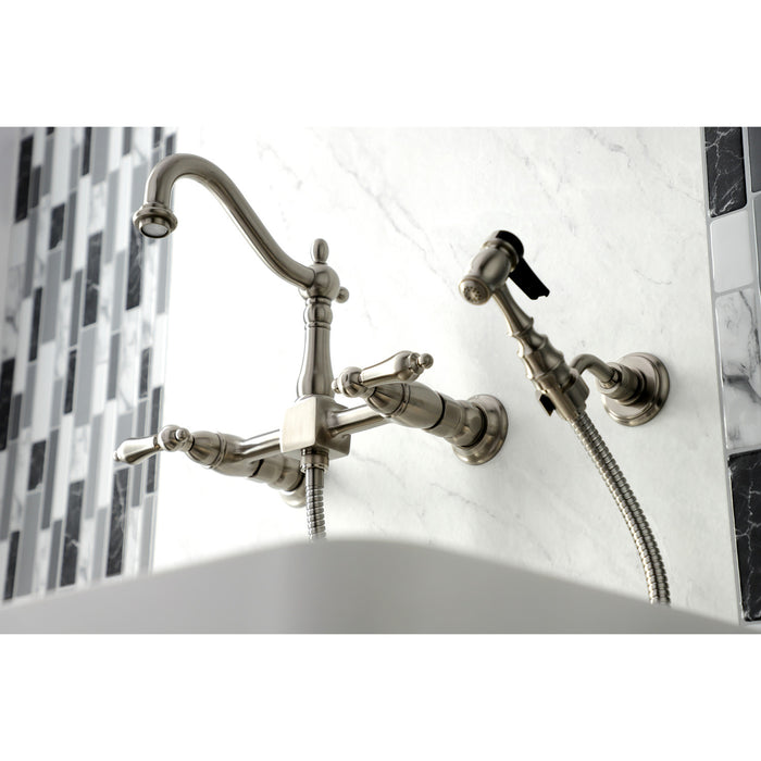 Heritage KS1268ALBS Two-Handle 2-Hole Wall Mount Bridge Kitchen Faucet with Brass Sprayer, Brushed Nickel