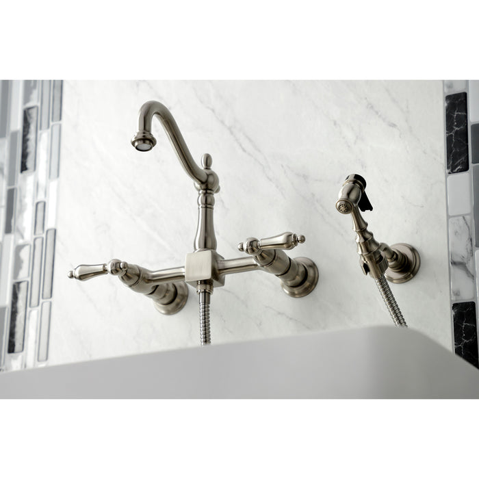 Heritage KS1268ALBS Two-Handle 2-Hole Wall Mount Bridge Kitchen Faucet with Brass Sprayer, Brushed Nickel