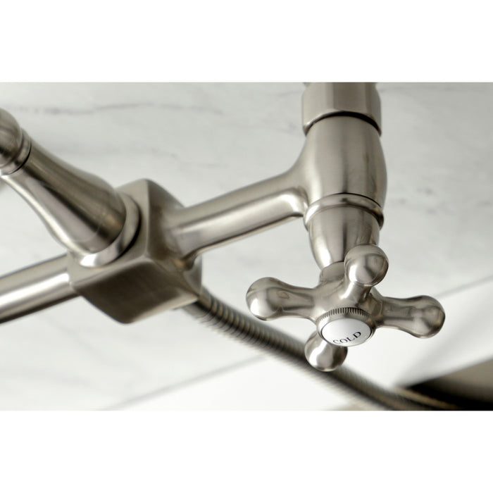 Heritage KS1268AXBS Two-Handle 2-Hole Wall Mount Bridge Kitchen Faucet with Brass Sprayer, Brushed Nickel