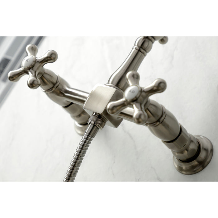 Heritage KS1268AXBS Two-Handle 2-Hole Wall Mount Bridge Kitchen Faucet with Brass Sprayer, Brushed Nickel