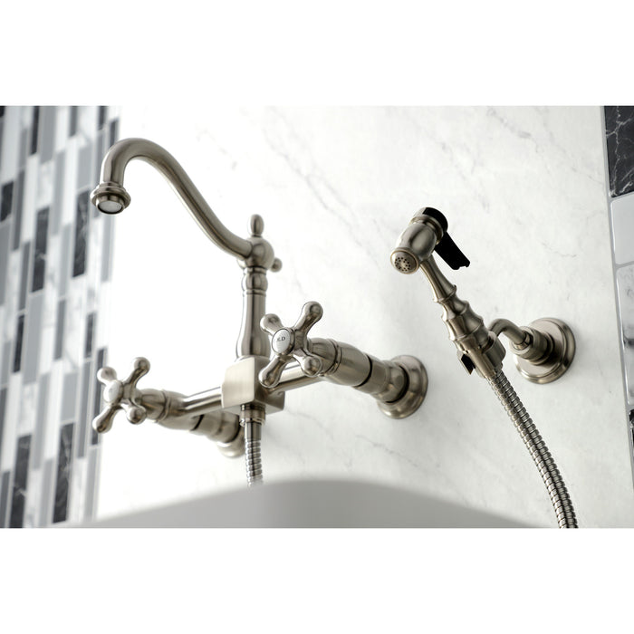 Heritage KS1268AXBS Two-Handle 2-Hole Wall Mount Bridge Kitchen Faucet with Brass Sprayer, Brushed Nickel