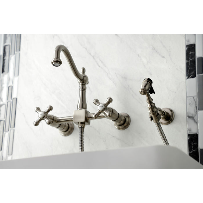 Heritage KS1268AXBS Two-Handle 2-Hole Wall Mount Bridge Kitchen Faucet with Brass Sprayer, Brushed Nickel