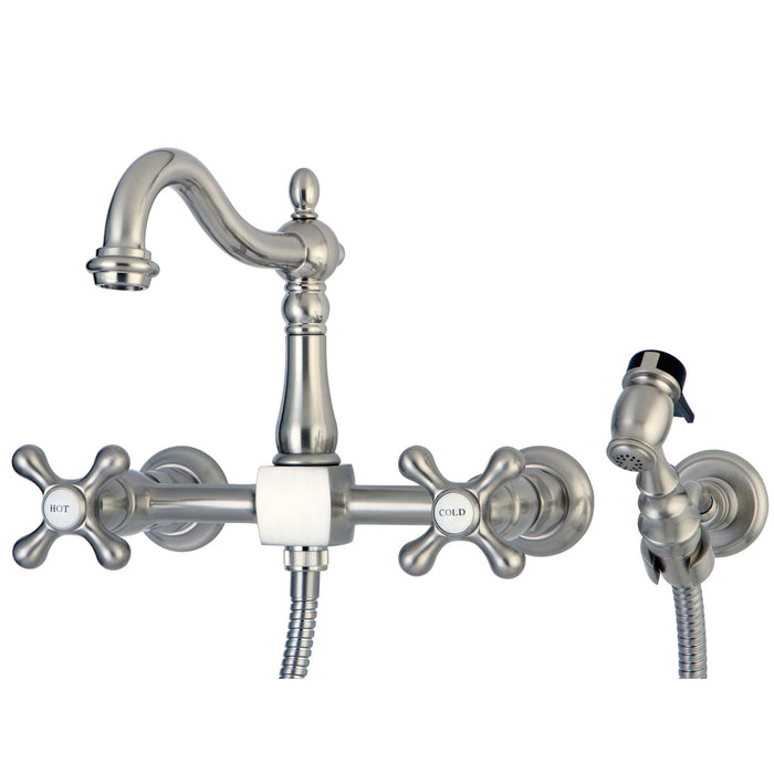 Heritage KS1268AXBS Two-Handle 2-Hole Wall Mount Bridge Kitchen Faucet with Brass Sprayer, Brushed Nickel