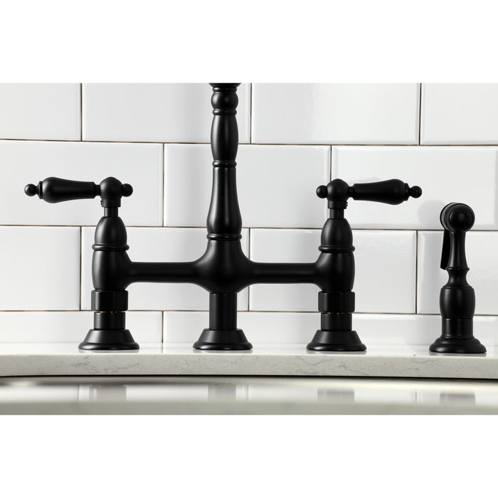 Heritage KS1270ALBS Two-Handle 4-Hole Deck Mount Bridge Kitchen Faucet with Brass Side Sprayer, Matte Black