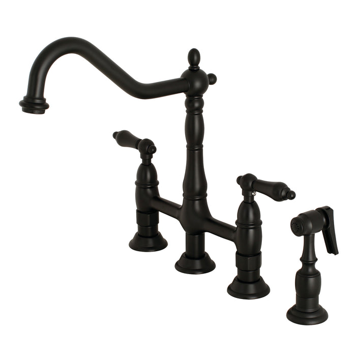 Heritage KS1270ALBS Two-Handle 4-Hole Deck Mount Bridge Kitchen Faucet with Brass Side Sprayer, Matte Black