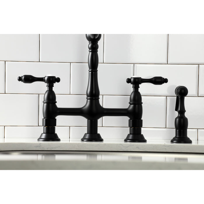 Tudor KS1270TALBS Two-Handle 4-Hole Deck Mount Bridge Kitchen Faucet with Brass Side Sprayer, Matte Black