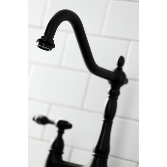 Tudor KS1270TALBS Two-Handle 4-Hole Deck Mount Bridge Kitchen Faucet with Brass Side Sprayer, Matte Black