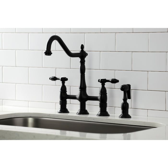 Tudor KS1270TALBS Two-Handle 4-Hole Deck Mount Bridge Kitchen Faucet with Brass Side Sprayer, Matte Black