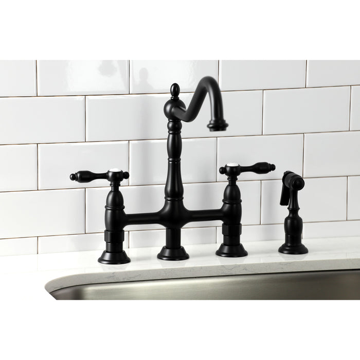 Tudor KS1270TALBS Two-Handle 4-Hole Deck Mount Bridge Kitchen Faucet with Brass Side Sprayer, Matte Black