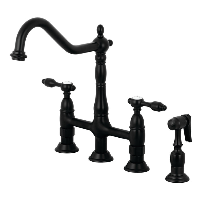 Tudor KS1270TALBS Two-Handle 4-Hole Deck Mount Bridge Kitchen Faucet with Brass Side Sprayer, Matte Black