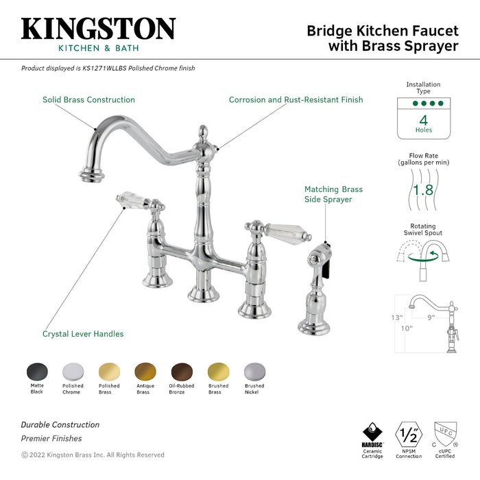 Wilshire KS1270WLLBS Two-Handle 4-Hole Deck Mount Bridge Kitchen Faucet with Brass Side Sprayer, Matte Black