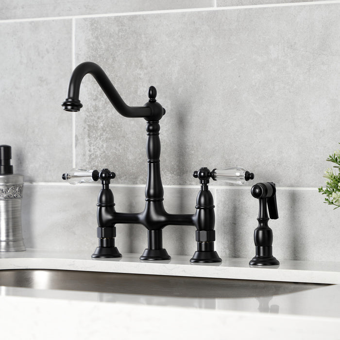 Wilshire KS1270WLLBS Two-Handle 4-Hole Deck Mount Bridge Kitchen Faucet with Brass Side Sprayer, Matte Black