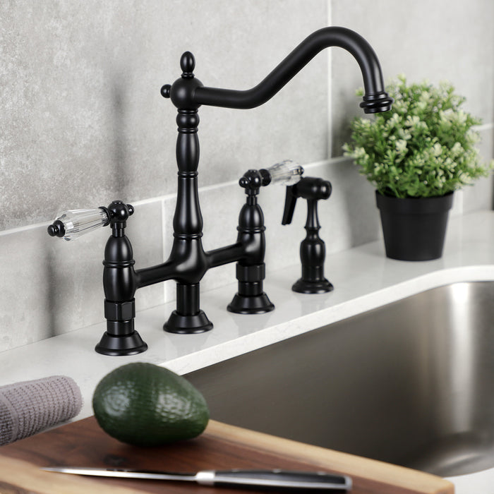 Wilshire KS1270WLLBS Two-Handle 4-Hole Deck Mount Bridge Kitchen Faucet with Brass Side Sprayer, Matte Black