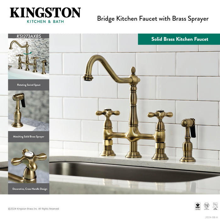 Heritage KS1271AXBS Two-Handle 4-Hole Deck Mount Bridge Kitchen Faucet with Brass Side Sprayer, Polished Chrome