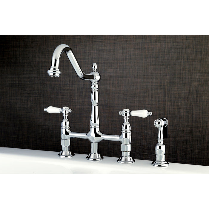 Bel-Air KS1271BPLBS Two-Handle 4-Hole Deck Mount Bridge Kitchen Faucet with Brass Side Sprayer, Polished Chrome