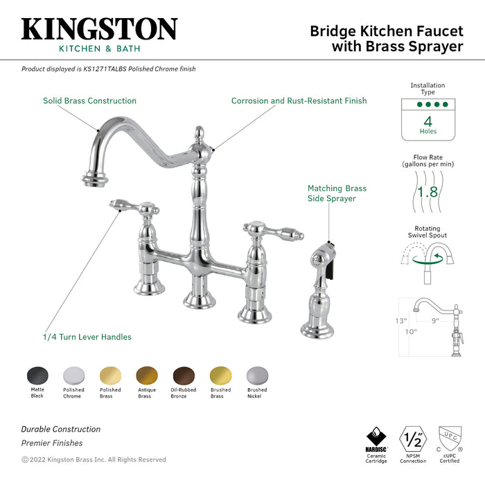 Tudor KS1271TALBS Two-Handle 4-Hole Deck Mount Bridge Kitchen Faucet with Brass Side Sprayer, Polished Chrome