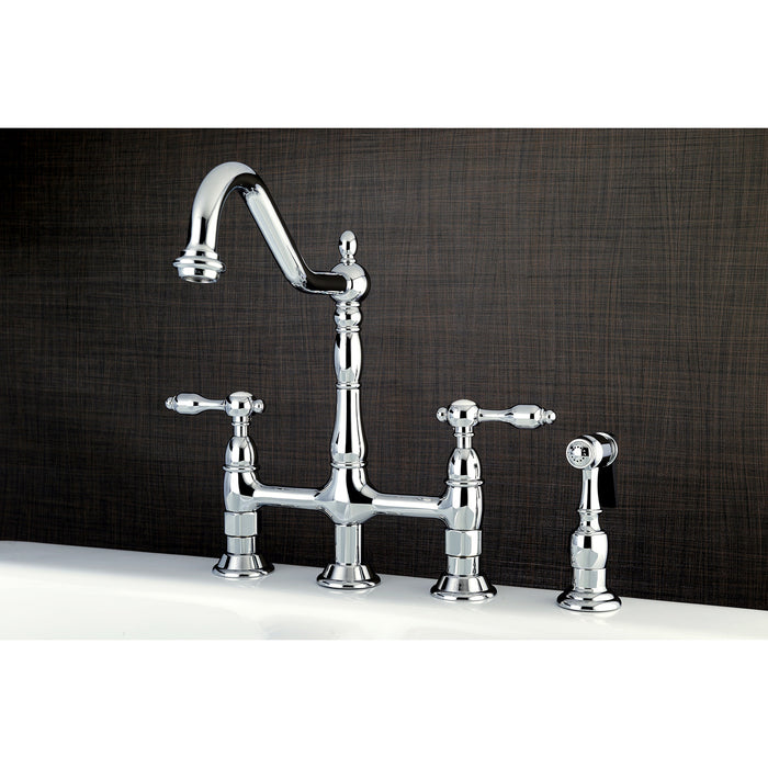 Tudor KS1271TALBS Two-Handle 4-Hole Deck Mount Bridge Kitchen Faucet with Brass Side Sprayer, Polished Chrome