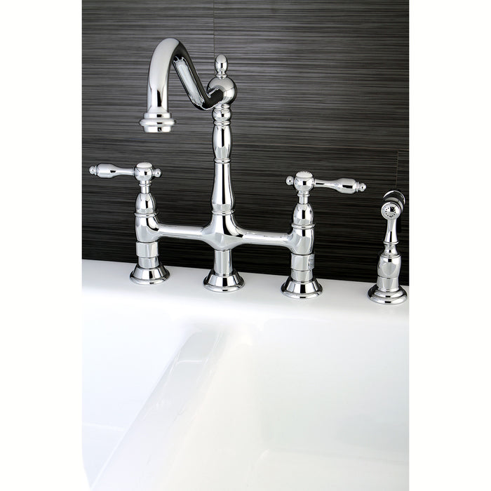 Tudor KS1271TALBS Two-Handle 4-Hole Deck Mount Bridge Kitchen Faucet with Brass Side Sprayer, Polished Chrome