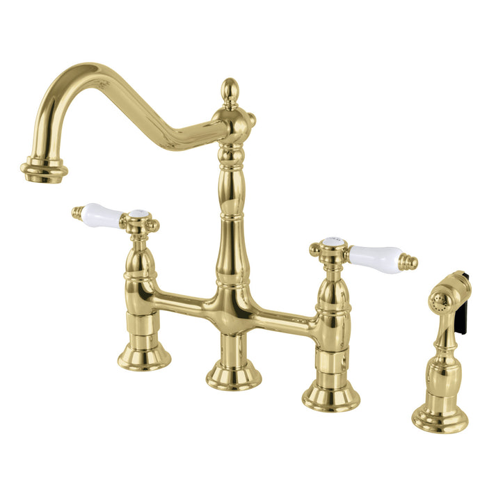 Bel-Air KS1272BPLBS Two-Handle 4-Hole Deck Mount Bridge Kitchen Faucet with Brass Side Sprayer, Polished Brass