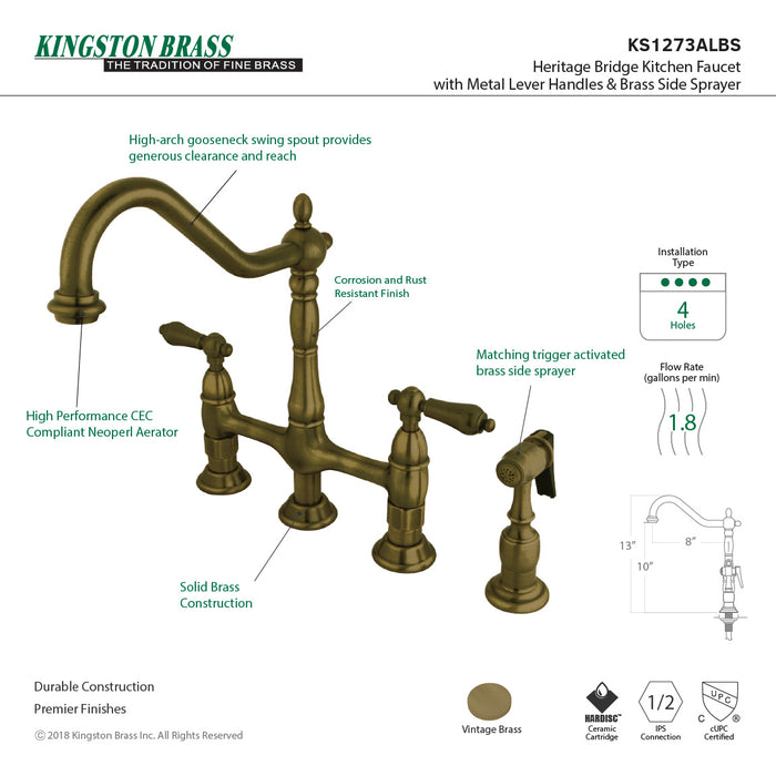 Heritage KS1273ALBS Two-Handle 4-Hole Deck Mount Bridge Kitchen Faucet with Brass Side Sprayer, Antique Brass