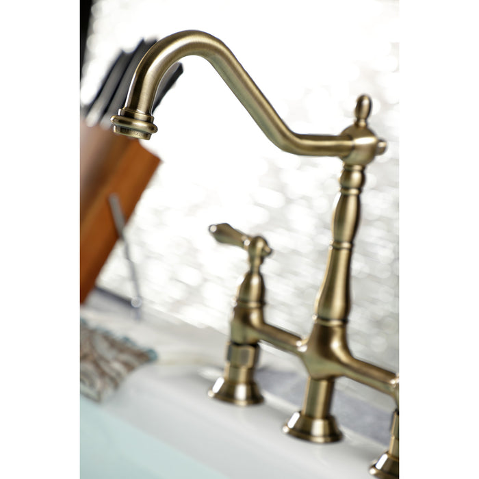 Heritage KS1273ALBS Two-Handle 4-Hole Deck Mount Bridge Kitchen Faucet with Brass Side Sprayer, Antique Brass