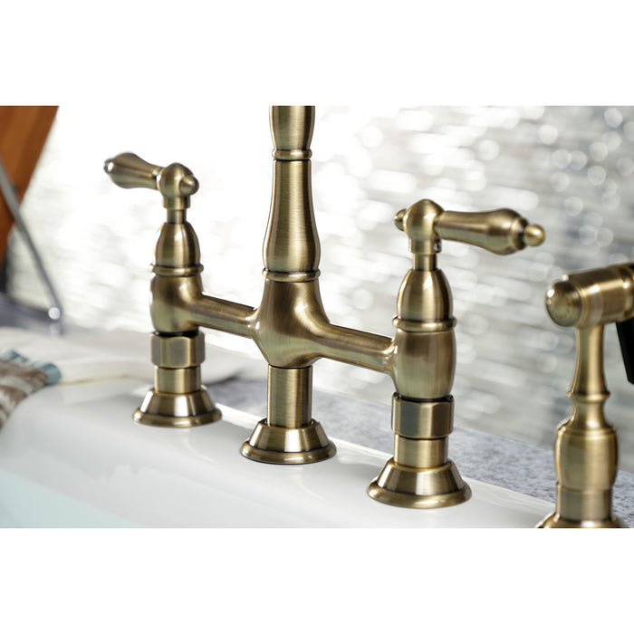 Heritage KS1273ALBS Two-Handle 4-Hole Deck Mount Bridge Kitchen Faucet with Brass Side Sprayer, Antique Brass