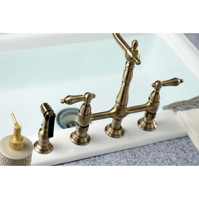 Heritage KS1273ALBS Two-Handle 4-Hole Deck Mount Bridge Kitchen Faucet with Brass Side Sprayer, Antique Brass