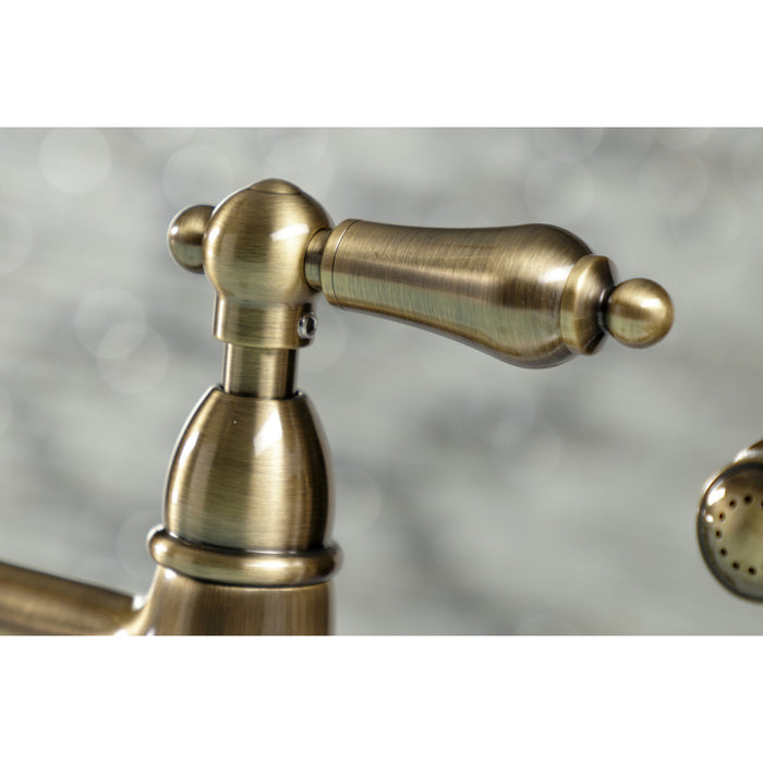 Heritage KS1273ALBS Two-Handle 4-Hole Deck Mount Bridge Kitchen Faucet with Brass Side Sprayer, Antique Brass