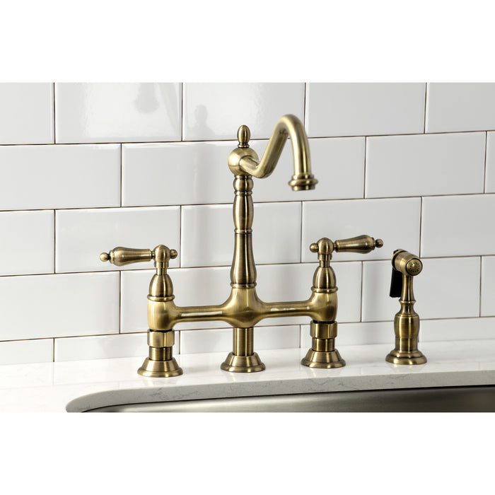 Heritage KS1273ALBS Two-Handle 4-Hole Deck Mount Bridge Kitchen Faucet with Brass Side Sprayer, Antique Brass