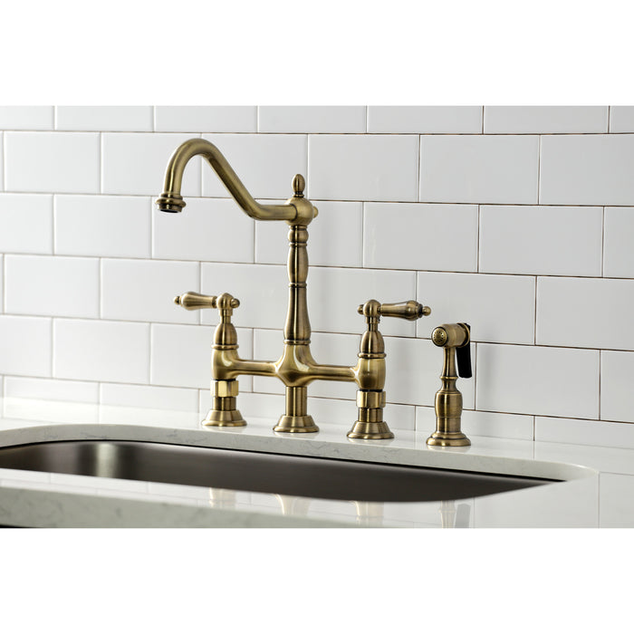 Heritage KS1273ALBS Two-Handle 4-Hole Deck Mount Bridge Kitchen Faucet with Brass Side Sprayer, Antique Brass