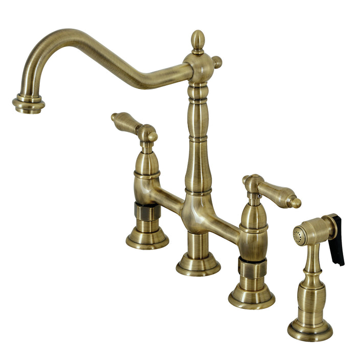 Heritage KS1273ALBS Two-Handle 4-Hole Deck Mount Bridge Kitchen Faucet with Brass Side Sprayer, Antique Brass