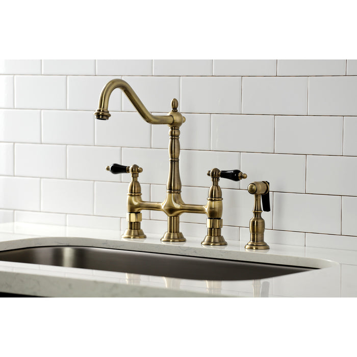 Duchess KS1273PKLBS Two-Handle 4-Hole Deck Mount Bridge Kitchen Faucet with Brass Side Sprayer, Antique Brass