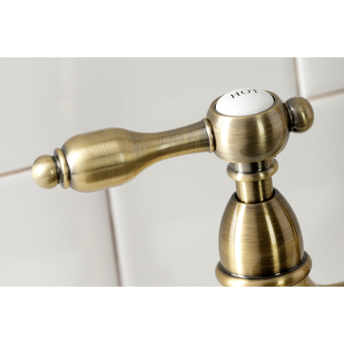 Tudor KS1273TALBS Two-Handle 4-Hole Deck Mount Bridge Kitchen Faucet with Brass Sprayer, Antique Brass