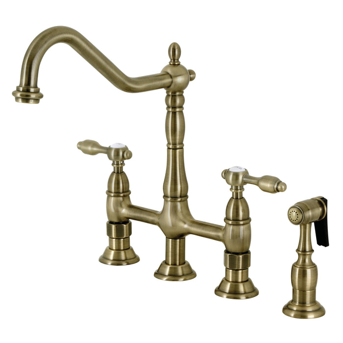 Tudor KS1273TALBS Two-Handle 4-Hole Deck Mount Bridge Kitchen Faucet with Brass Sprayer, Antique Brass