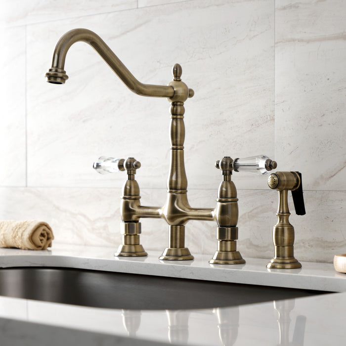 Wilshire KS1273WLLBS Two-Handle 4-Hole Deck Mount Bridge Kitchen Faucet with Brass Side Sprayer, Antique Brass