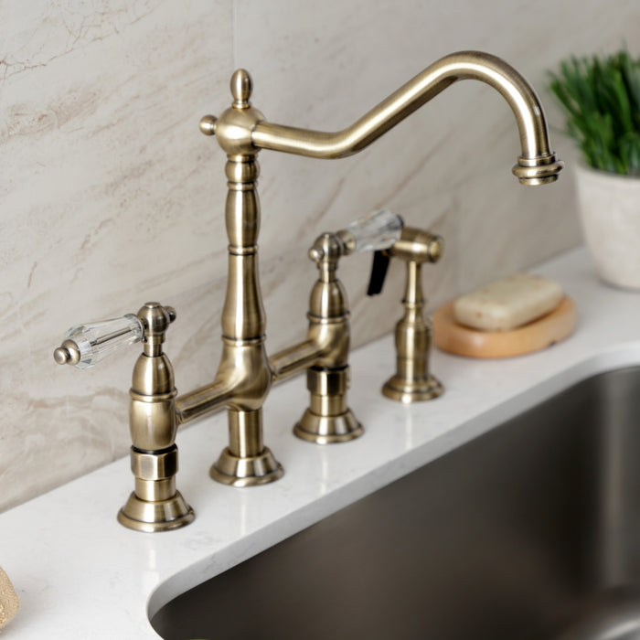 Wilshire KS1273WLLBS Two-Handle 4-Hole Deck Mount Bridge Kitchen Faucet with Brass Side Sprayer, Antique Brass