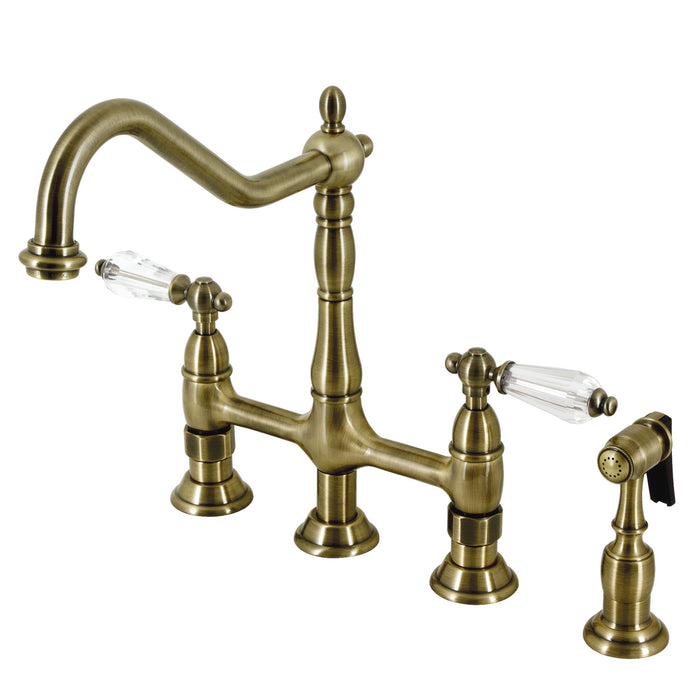 Wilshire KS1273WLLBS Two-Handle 4-Hole Deck Mount Bridge Kitchen Faucet with Brass Side Sprayer, Antique Brass