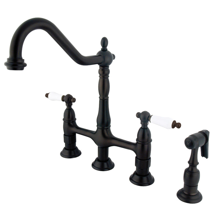 Heritage KS1275PLBS Two-Handle 4-Hole Deck Mount Bridge Kitchen Faucet with Brass Side Sprayer, Oil Rubbed Bronze