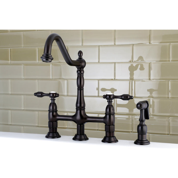 Tudor KS1275TALBS Two-Handle 4-Hole Deck Mount Bridge Kitchen Faucet with Brass Side Sprayer, Oil Rubbed Bronze