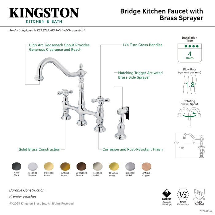 Heritage KS1276AXBS Two-Handle 4-Hole Deck Mount Bridge Kitchen Faucet with Brass Side Sprayer, Polished Nickel