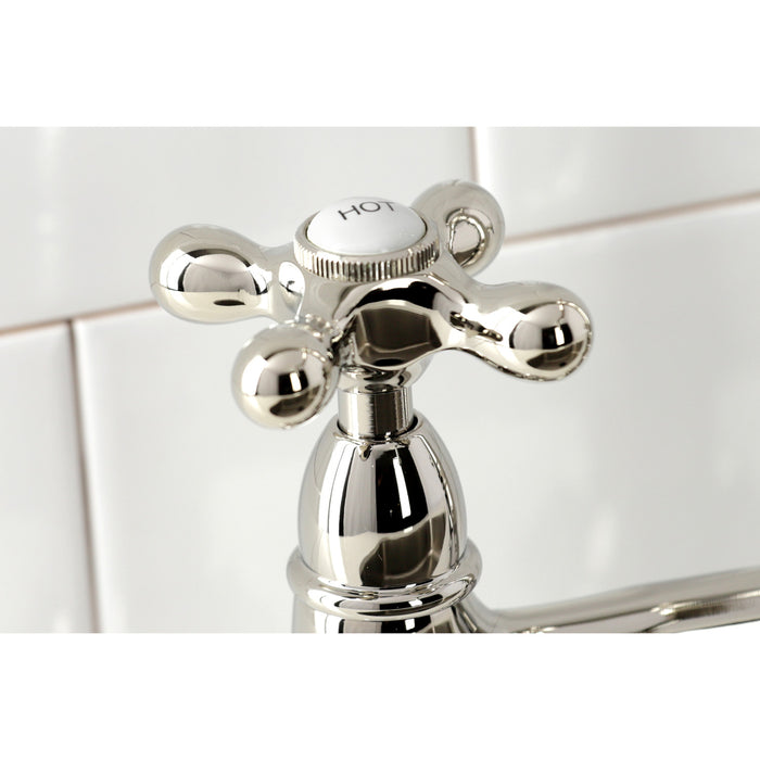 Heritage KS1276AXBS Two-Handle 4-Hole Deck Mount Bridge Kitchen Faucet with Brass Side Sprayer, Polished Nickel