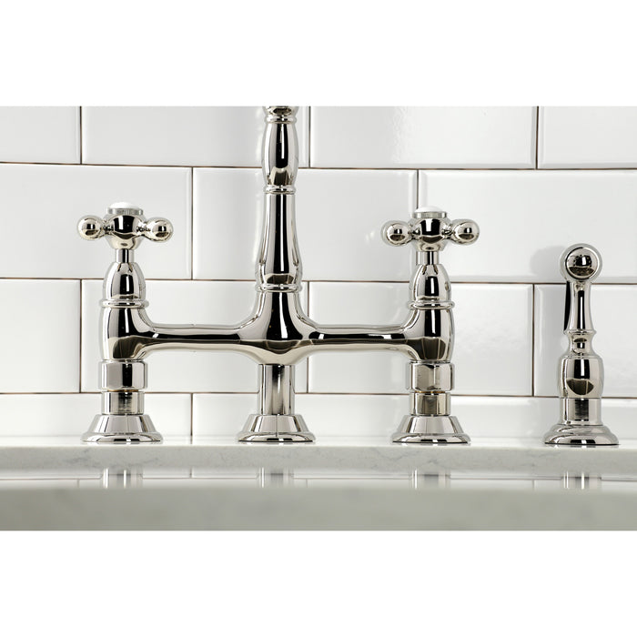 Heritage KS1276AXBS Two-Handle 4-Hole Deck Mount Bridge Kitchen Faucet with Brass Side Sprayer, Polished Nickel